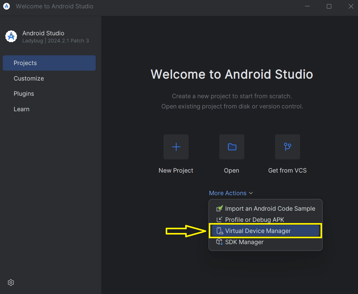 Android Studio Virtual Device Manager panel with the new-device button