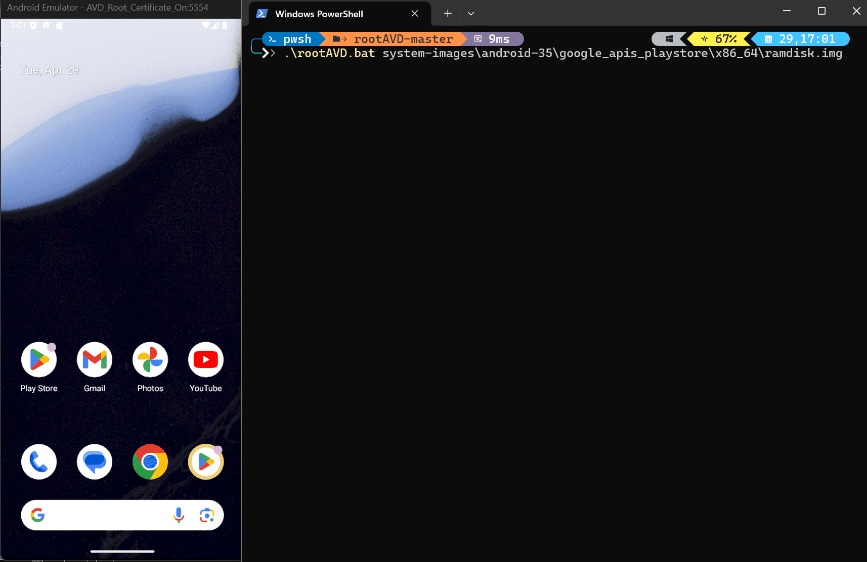 Running the Magisk installation command with rootAVD, stage 1