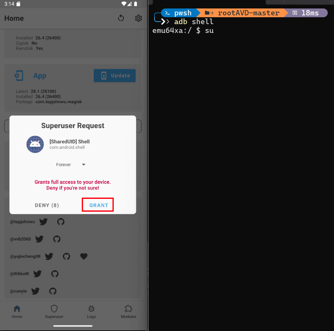 Magisk dialog requesting root permissions for the ADB shell