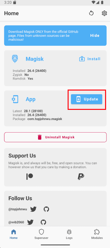 Magisk showing the update option, step 1