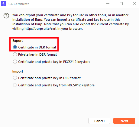 Exporting the CA certificate in DER format, step 2