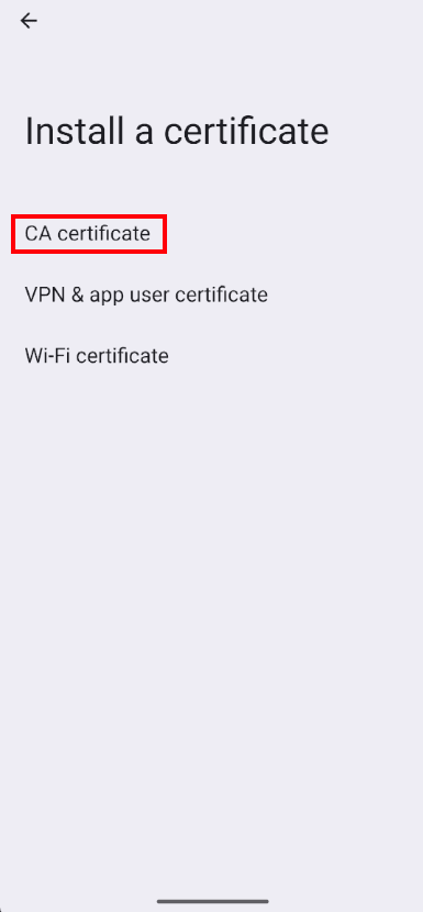 Installing the certificate as a CA Certificate, step 1