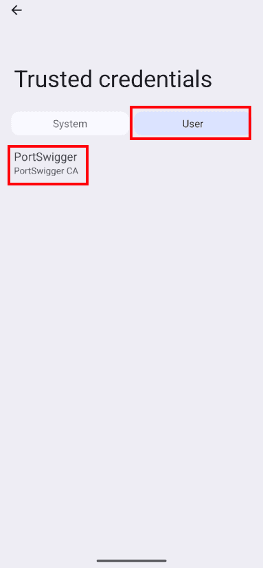 Trusted credentials showing the user certificate, step 2