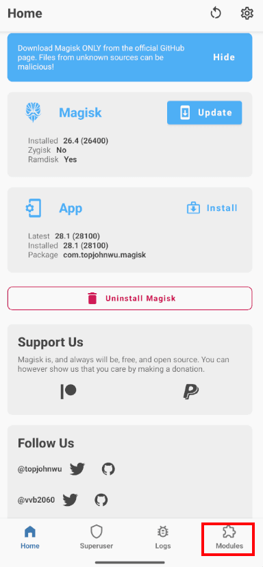 Installing the Magisk module, step 1
