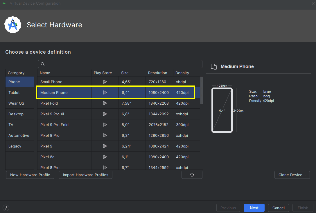 Selección de propiedades del emulador AVD
