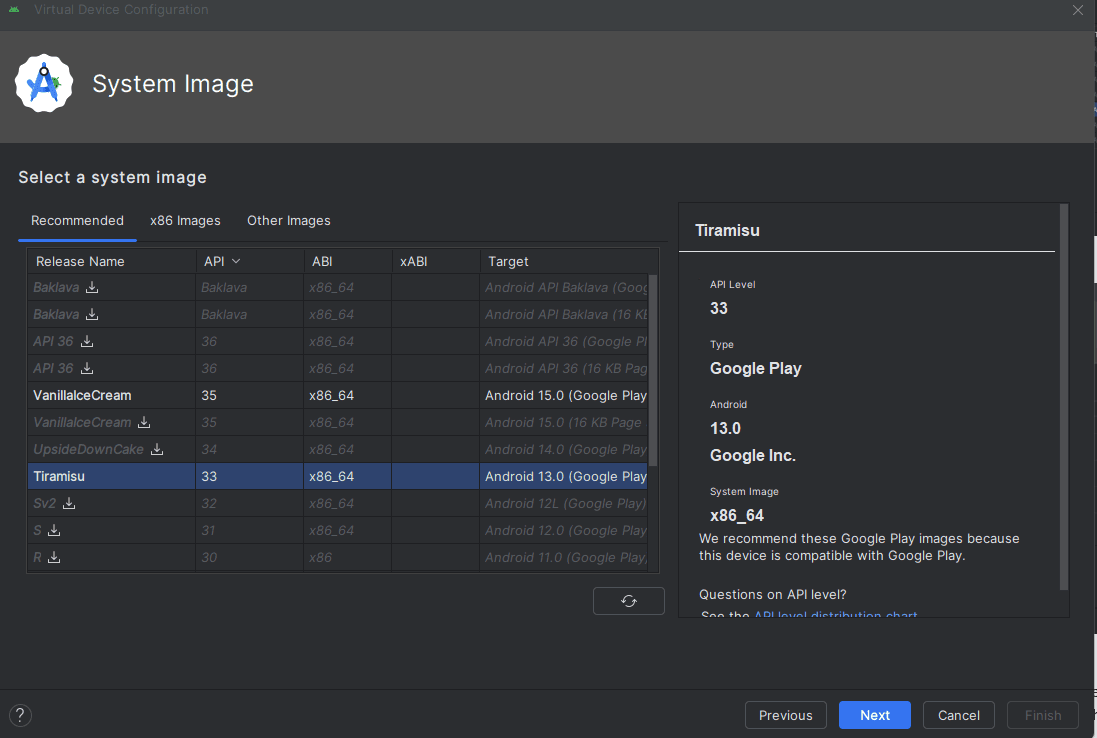 Selección de la imagen del sistema y API del AVD
