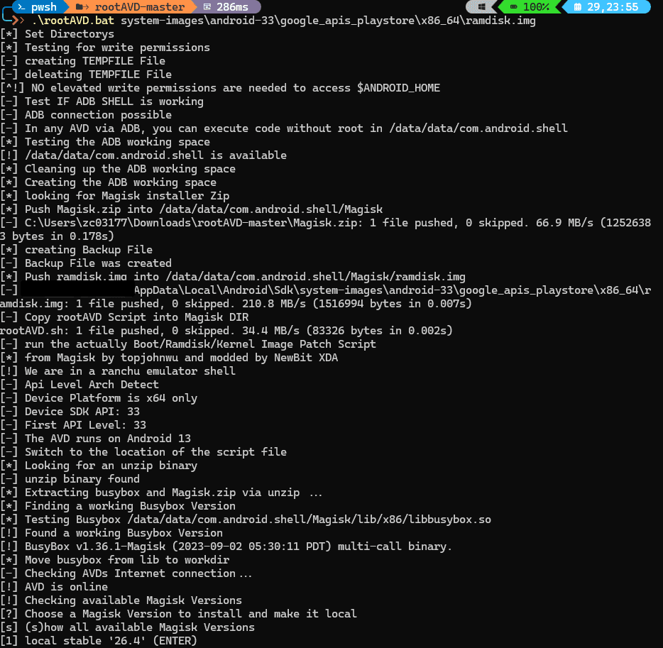 Ejecución del comando de instalación de Magisk con rootAVD — fase 2