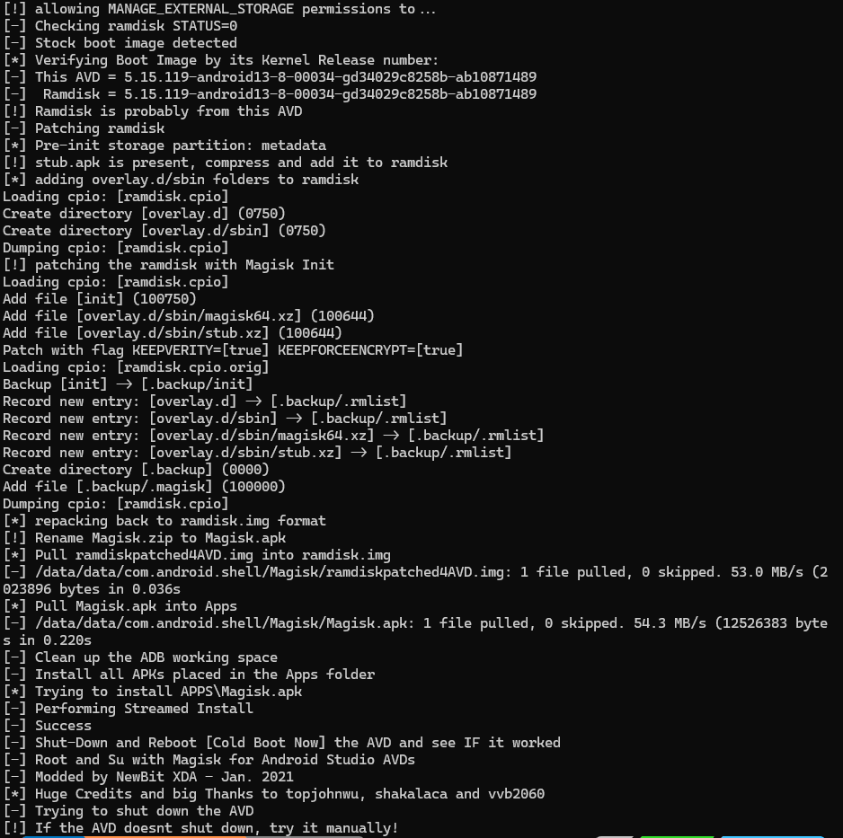 Ejecución del comando de instalación de Magisk con rootAVD — fase 3