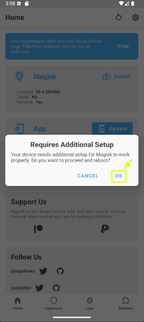 Magisk solicita configuración adicional al primer arranque