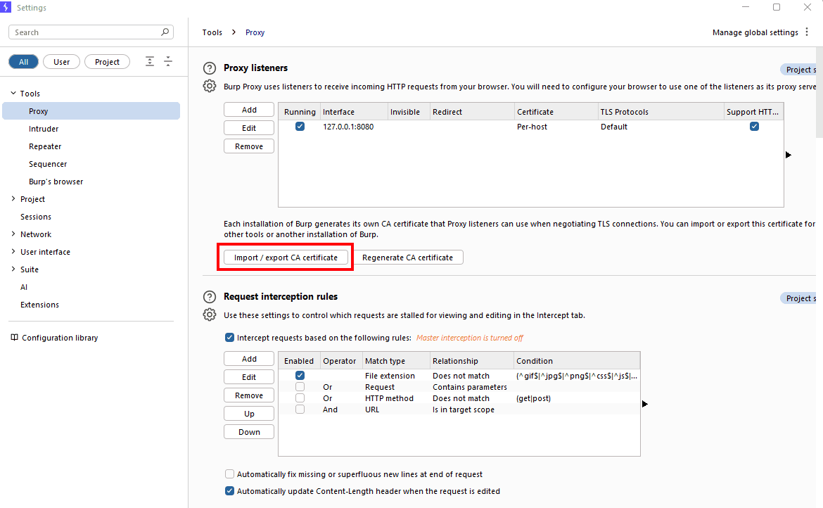 Opción de exportación del certificado CA en Burp Suite — paso 1