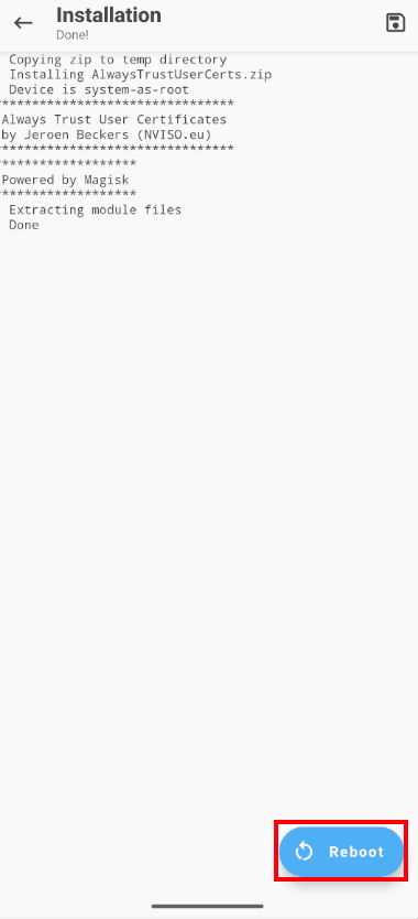 Módulo AlwaysTrustUserCerts instalado y activo en Magisk