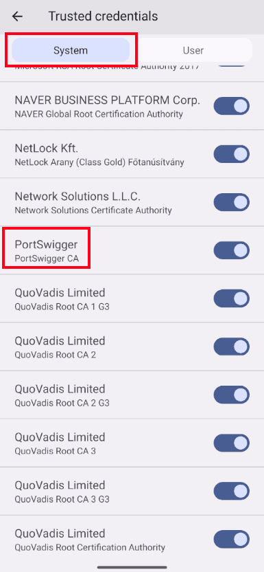 Certificado de Burp instalado como credencial de sistema