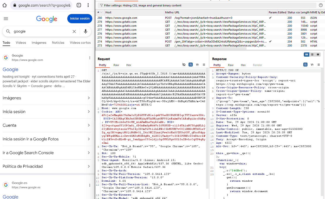 Burp Suite interceptando tráfico HTTPS de la aplicación Android